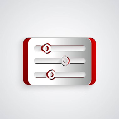 Kağıt kesiği Ses Karıştırıcı simgesi gri arkaplanda izole edildi. DJ ekipman kaydırma düğmeleri. Konsol karıştırılıyor. Kağıt sanatı tarzı. Vektör İllüstrasyonu