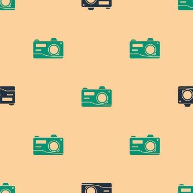 Yeşil ve siyah fotoğraf makinesi ikonu bej arkaplandaki kusursuz deseni izole etti. Fotoğraf makinesi simgesi. Vektör İllüstrasyonu