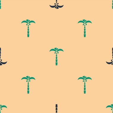 Yeşil ve siyah tropikal palmiye ağacı ikonu bej arka planda izole edilmiş pürüzsüz desen. Hindistan cevizi palmiyesi. Vektör İllüstrasyonu