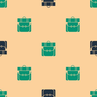 Yeşil ve siyah Yürüyüş sırt çantası simgesi bej arka planda izole edilmiş pürüzsüz desen. Kamp ve dağ gezisi sırt çantası. Vektör İllüstrasyonu