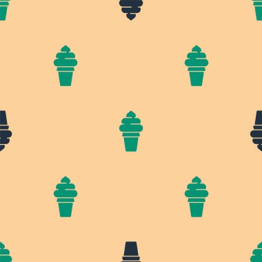 Waffle konisi ikonunda yeşil ve siyah dondurma bej arka planda izole edilmiş pürüzsüz desen. Güzel sembol. Vektör İllüstrasyonu