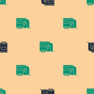 Yeşil ve siyah karavan kamp ikonu bej arka planda izole edilmiş pürüzsüz desen. Gezici ev, karavan, yolculuk için ev karavanı. Vektör İllüstrasyonu