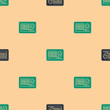 Yeşil ve siyah pasaport, vize damgası ikonu, bej arka planda izole edilmiş kusursuz desen. Kimlik Belgesi. Vektör İllüstrasyonu