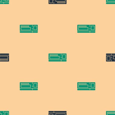 Yeşil ve siyah seyahat bileti ikonu, bej arka planda kusursuz desen izole etti. Tren, gemi, uçak, tramvay, otobüs. Seyahat servisi konsepti. Vektör İllüstrasyonu