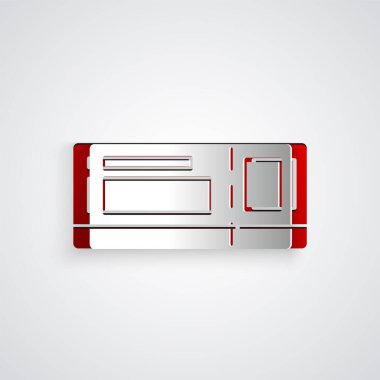 Kağıt kesiği seyahat bileti simgesi gri arka planda izole edildi. Tren, gemi, uçak, tramvay, otobüs. Seyahat servisi konsepti. Kağıt sanatı tarzı. Vektör İllüstrasyonu