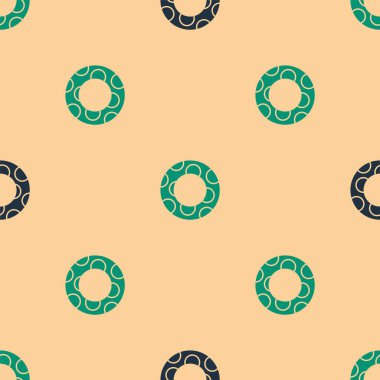 Yeşil ve siyah Rubber yüzme ikonu bej arka planda izole edilmiş pürüzsüz desen. Hayat kurtaran yüzen can simidi plaj için, kurtarma kemeri insanları kurtarmak için. Vektör İllüstrasyonu