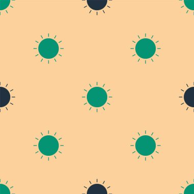 Yeşil ve siyah güneş ikonu, bej arkaplandaki kusursuz deseni izole etti. Yaz sembolü. Güneşli bir gün. Vektör İllüstrasyonu