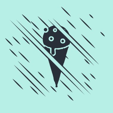 Yeşil arka planda izole edilmiş waffle külahlı siyah dondurma. Güzel sembol. Arıza tarzı. Vektör İllüstrasyonu