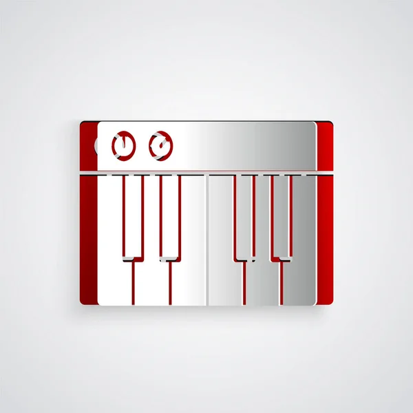 Paper Cut Music Synthesizer Icon Isolated Grey Background Electronic Piano — Stock Vector