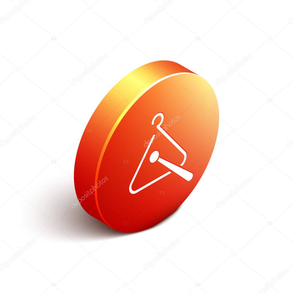 Isometric Triangle musical instrument icon isolated on white background. Orange circle button. Vector Illustration