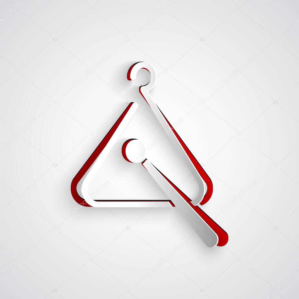 Paper cut Triangle musical instrument icon isolated on grey background. Paper art style. Vector Illustration
