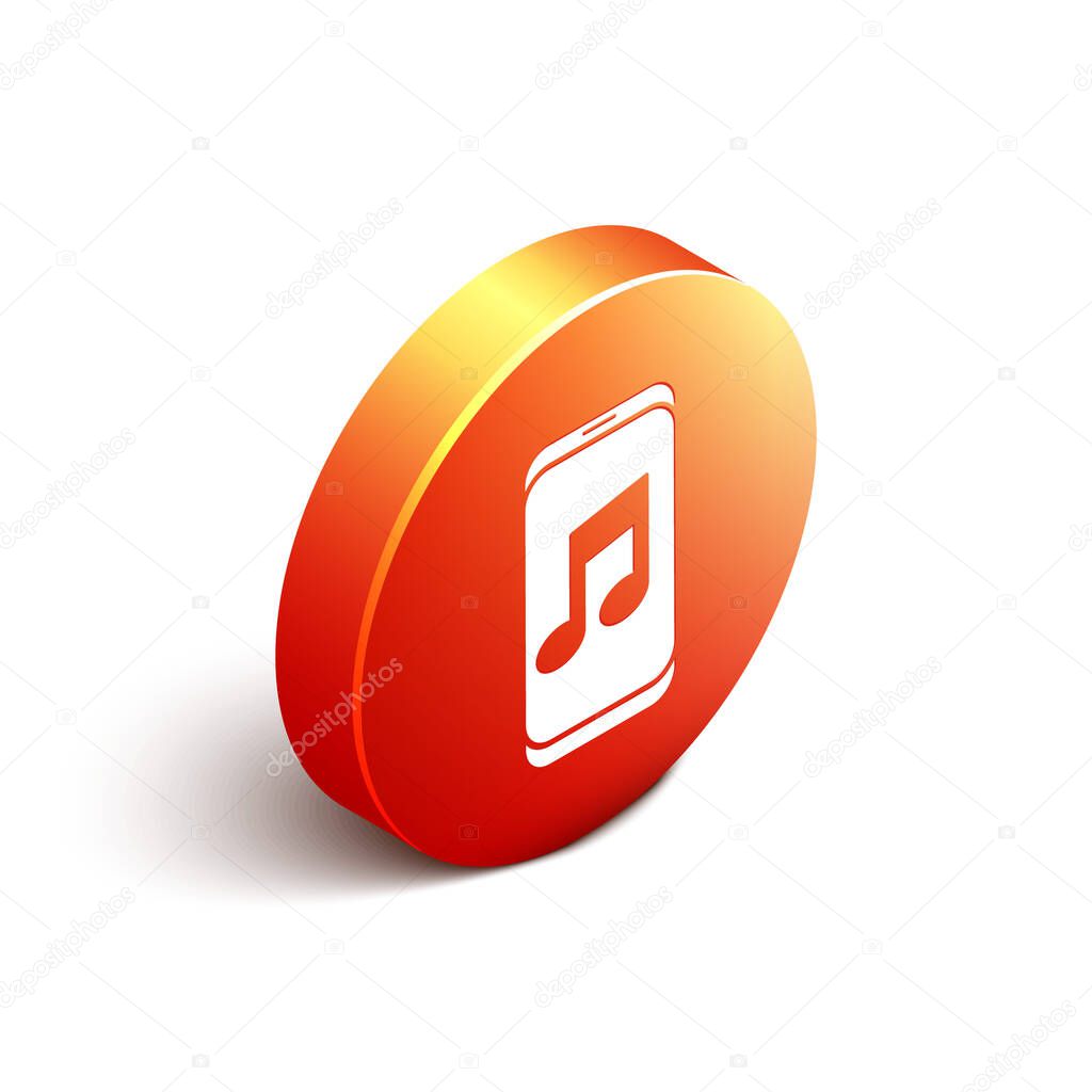 Isometric Music player icon isolated on white background. Portable music device. Orange circle button. Vector Illustration