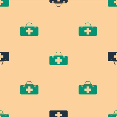 Yeşil ve siyah ilk yardım seti ikonu bej arka planda pürüzsüz desen izole etti. Haçlı sağlık kutusu. Acil durumlar için tıbbi ekipman. Sağlık sigortası konsepti. Vektör İllüstrasyonu