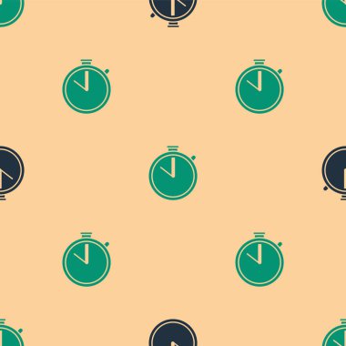 Yeşil ve siyah Kronometre simgesi bej arkaplandaki kusursuz deseni izole etti. Zaman göstergesi. Kronometre işareti. Vektör İllüstrasyonu