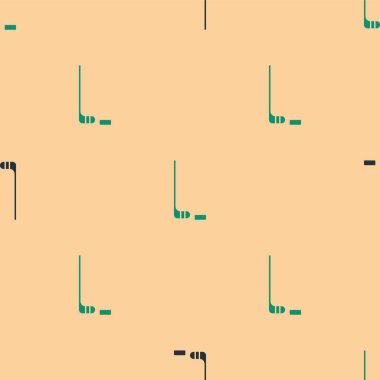 Yeşil ve siyah buz hokeyi sopası ve disk ikonu bej arka planda izole edilmiş pürüzsüz desen. Vektör İllüstrasyonu