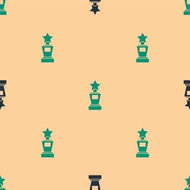 Yeşil ve siyah ödüllü kupa ikonu bej arka planda kusursuz desen izole etti. Galibiyet ödülü sembolü. Şampiyonluk ya da yarışma kupası. Spor başarısı işareti. Vektör İllüstrasyonu