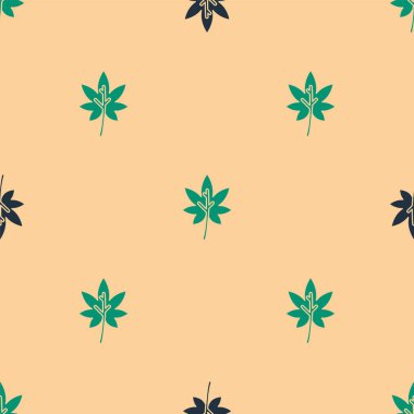 Yeşil ve siyah Yaprak simgesi, bej arka planda pürüzsüz desen izole etti. İşaret bırakıyor. Taze doğal ürün sembolü. Vektör İllüstrasyonu