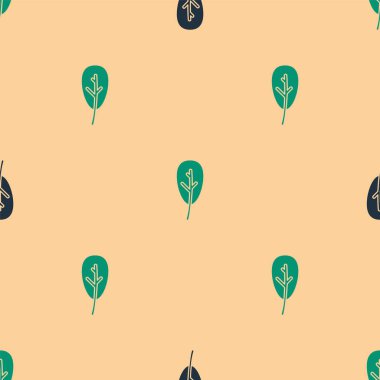 Yeşil ve siyah Yaprak simgesi, bej arka planda pürüzsüz desen izole etti. İşaret bırakıyor. Taze doğal ürün sembolü. Vektör İllüstrasyonu