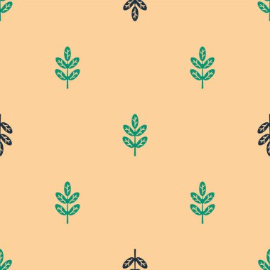 Yeşil ve siyah Yaprak simgesi, bej arka planda pürüzsüz desen izole etti. İşaret bırakıyor. Taze doğal ürün sembolü. Vektör İllüstrasyonu