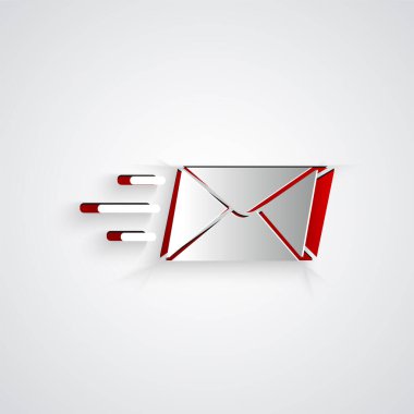 Kağıt kesiği Ekspres zarf simgesi gri arkaplanda izole edildi. E- posta mektup sembolü. Kağıt sanatı tarzı. Vektör İllüstrasyonu
