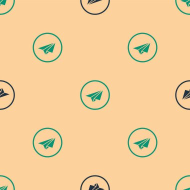 Yeşil ve siyah kağıt uçak ikonu, bej arka planda pürüzsüz desen izole etti. Kağıt uçak ikonu. Uçak işareti. Vektör İllüstrasyonu