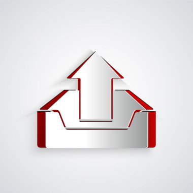 Kağıt kesme Gri arka planda yalıtılmış Upload gelen kutusu simgesi. Kağıt sanat tarzı. Vektör İllüstrasyonu