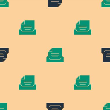 Belge simgesine sahip yeşil ve siyah çekmece, bej arkaplandaki kusursuz deseni izole etti. Arşiv çekmecesi. Dosya dolabı çekmecesi. Ofis mobilyası. Vektör İllüstrasyonu