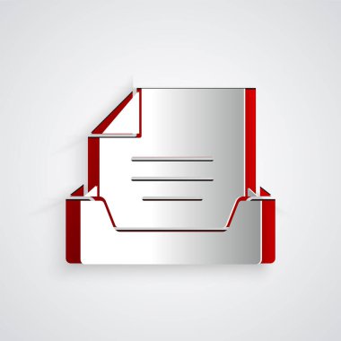 Kağıt kesiği Çekmece ve gri arkaplanda izole edilmiş belge simgesi. Arşiv çekmecesi. Dosya dolabı çekmecesi. Ofis mobilyası. Kağıt sanatı tarzı. Vektör İllüstrasyonu