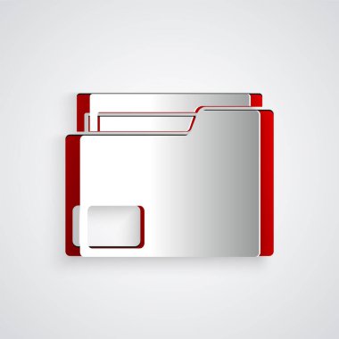 Kağıt kesimi Belge klasörü simgesi gri arkaplanda izole edildi. Muhasebe klasörü sembolü. Muhasebe yönetimi. Kağıt sanatı tarzı. Vektör İllüstrasyonu