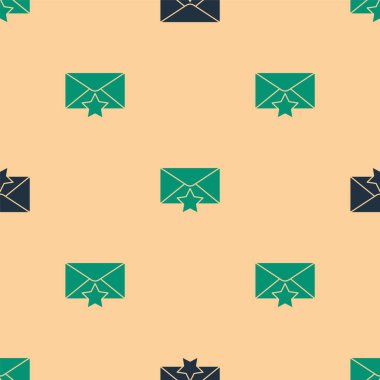 Yeşil ve siyah zarf, yıldız simgesiyle izole edilmiş, bej arkaplandaki kusursuz desen. Önemli bir e- posta, favori simgeye ekle. Başrolde mesaj var. Vektör İllüstrasyonu