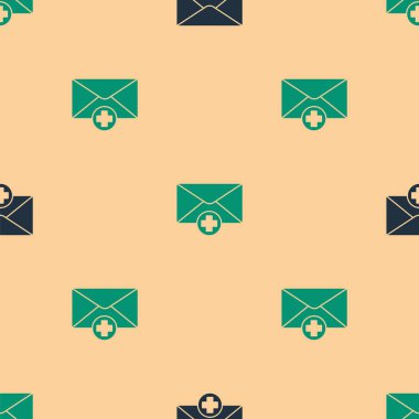 Yeşil ve siyah Zarf simgesi, bej arkaplandaki kusursuz deseni izole etti. Mesaj konsepti alındı. Yeni, e-posta gelen mesaj, SMS. Posta servisi. Vektör İllüstrasyonu