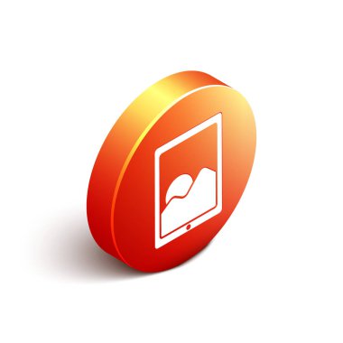 Isometric Grafik tablet simgesi beyaz arkaplanda izole edildi. Turuncu daire düğmesi. Vektör İllüstrasyonu