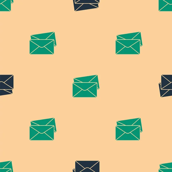 Green Black Envelope Icon Isolated Seamless Pattern Beige Background Email — Stock Vector