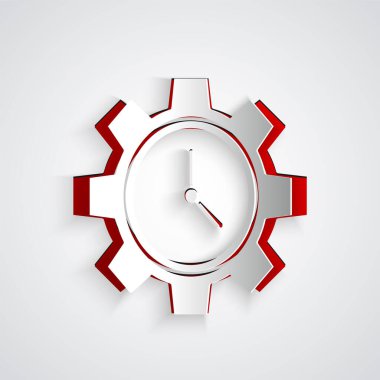 Kağıt kesme Zaman Yönetimi simgesi gri arka planda yalıtılmış. Saat ve dişli işareti. Verimlilik sembolü. Kağıt sanat tarzı. Vektör İllüstrasyonu