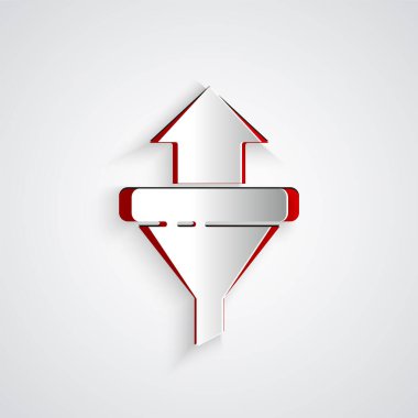 Kağıt kesiği satış hunisi ve pazarlama için oklar ve girişim simgesi gri arka planda izole edilmiş. Bilgi şablonu. Kağıt sanatı tarzı. Vektör İllüstrasyonu