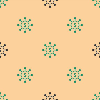 Yeşil ve siyah dolar, paylaşım, ağ simgesi bej arka planda izole edilmiş. Vektör İllüstrasyonu