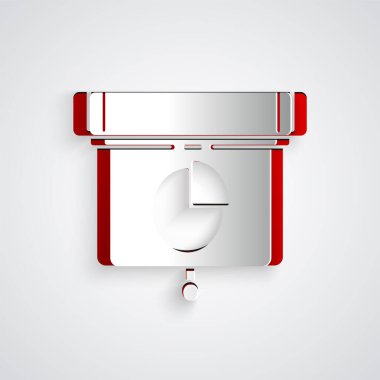 Kağıt kesiği, grafik, çizelge, diyagram, bilgi grafiği ve gri arkaplanda izole edilmiş turta grafiği ikonu ile sunum finans kurulu. Kağıt sanatı tarzı. Vektör İllüstrasyonu