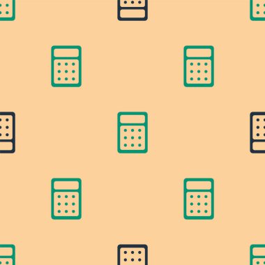 Yeşil ve siyah hesap makinesi simgesi bej arka planda izole edilmiş pürüzsüz desen. Muhasebe sembolü. İş hesaplamaları matematik eğitimi ve finans. Vektör İllüstrasyonu