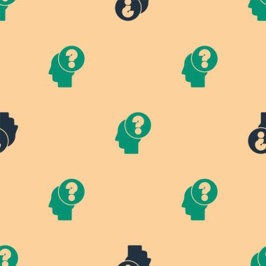 Soru işareti simgesi olan yeşil ve siyah insan kafası bej arkaplandaki kusursuz deseni izole etti. Vektör İllüstrasyonu