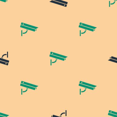 Yeşil ve siyah güvenlik kamerası ikonu bej arkaplandaki kusursuz deseni izole etti. Vektör İllüstrasyonu