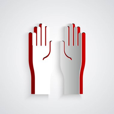 Kağıt kesiği, gri arka planda izole edilmiş lastik eldiven ikonu. Lateks el koruması işareti. Ev işi temizlik ekipmanları sembolü. Kağıt sanatı tarzı. Vektör İllüstrasyonu