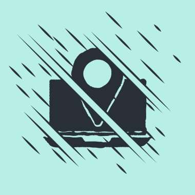 Yeşil arkaplanda konum belirleyici simgesi olan siyah dizüstü bilgisayar. Arıza tarzı. Vektör İllüstrasyonu