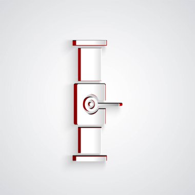 Kağıt kesiği, endüstriyel metalik boru ve gri arka planda izole edilmiş kapakçık simgesi. Kağıt sanatı tarzı. Vektör İllüstrasyonu