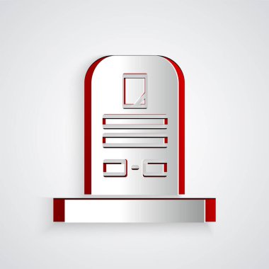 Kağıt kesiği Tombstone 'un üzerinde RIP yazılı simgesi gri arkaplanda izole edilmiş. Mezar ikonu. Kağıt sanatı tarzı. Vektör İllüstrasyonu