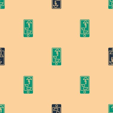 Cep telefonu simgesinde yeşil ve siyah ilaçların satın alınması bej arka planda izole edilmiş. İnternetten satın alma sembolü. Vektör İllüstrasyonu