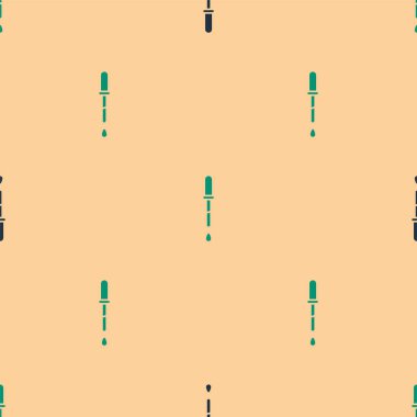 Yeşil ve siyah Pipette simgesi, bej arkaplandaki kusursuz deseni izole etti. Tıbbi elementler, kimya laboratuarı ekipmanları. Damlalı boru. Tıp sembolü. Vektör İllüstrasyonu