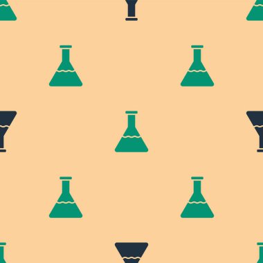 Yeşil ve siyah test tüpü ve kimyasal test ikonu bej arka planda izole edilmiş kusursuz desen. Laboratuvar cam levhası. Vektör İllüstrasyonu