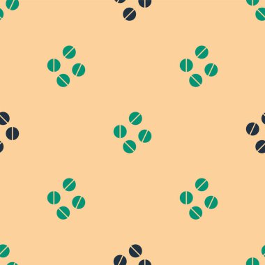 Yeşil ve siyah ilaç hapı ya da tablet ikonu bej arkaplandaki kusursuz deseni izole etti. Kapsül hapı ve uyuşturucu işareti. Eczane tasarımı. Vektör İllüstrasyonu