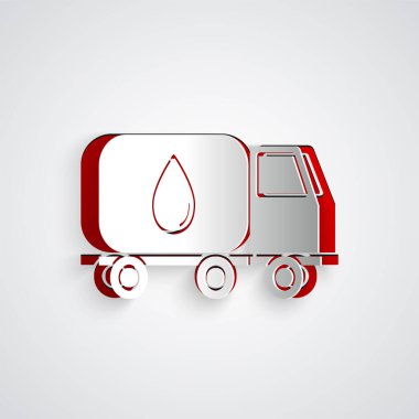 Kağıt kesiği. Gri arkaplanda su dağıtım kamyonu simgesi var. Kağıt sanatı tarzı. Vektör İllüstrasyonu