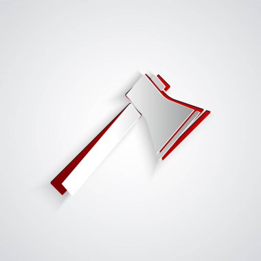 Kağıt kesiği, gri arka planda izole edilmiş itfaiyeci balta simgesi. Yangın baltası. Kağıt sanatı tarzı. Vektör İllüstrasyonu